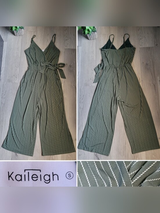 Kaileigh Pants - Kaileigh Rica Knit Crop Jumpsuit Olive Stripe V-Neck, Wide-Leg Sleeveless, Small